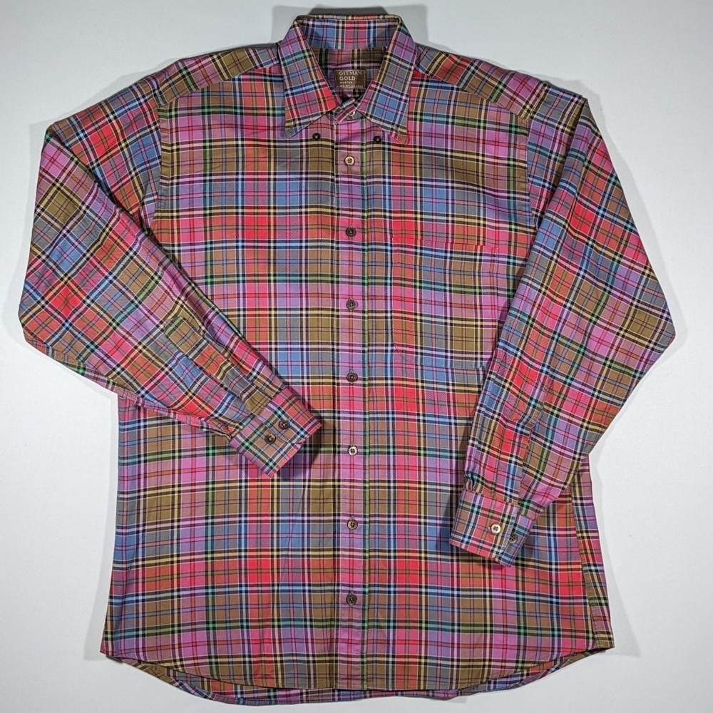 Vintage Gitman Gold Oxford Dress Shirt Size Medium Plaid Pastel Made In USA